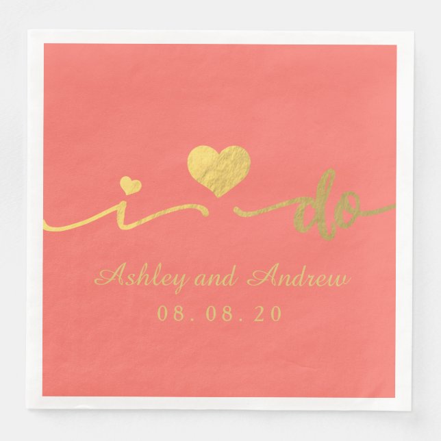 Gold and Living Coral I Do | Wedding Napkin (Front)