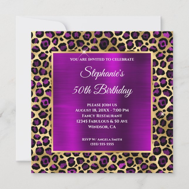 Gold and Magenta Purple Leopard Glam 50th Birthday Invitation (Front)