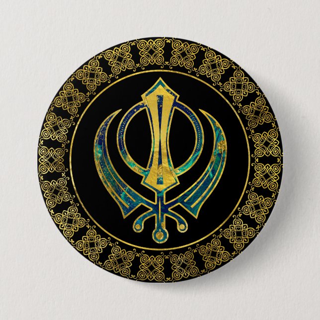 Gold and Marble Khanda symbol 7.5 Cm Round Badge (Front)