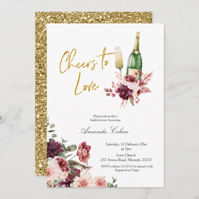 Gold and Marsala Cheers to Love Invitation (Front/Back)