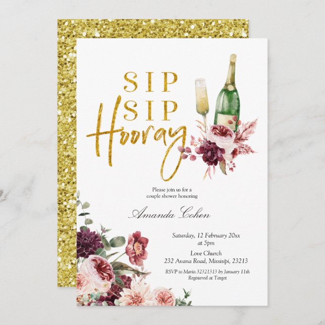 Gold and Marsala Sip Sip Hooray Invitation (Front/Back)