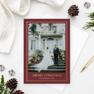 Gold and Merlot Red Decorative Photo Border Foil Holiday Card