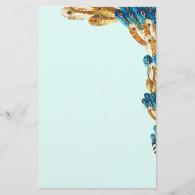 Gold and Metal Blue Peacock Feather Border Stationery (Front)