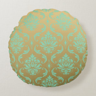 Gold and Mint Classic Damask Round Cushion