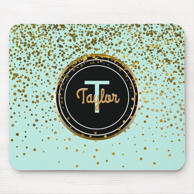 Gold and Mint Glam Confetti Dots | Green Monogram Mouse Mat (Front)
