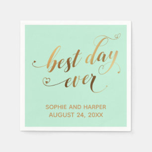 Gold and Mint Green Best Day Ever, Hearts Script Napkin