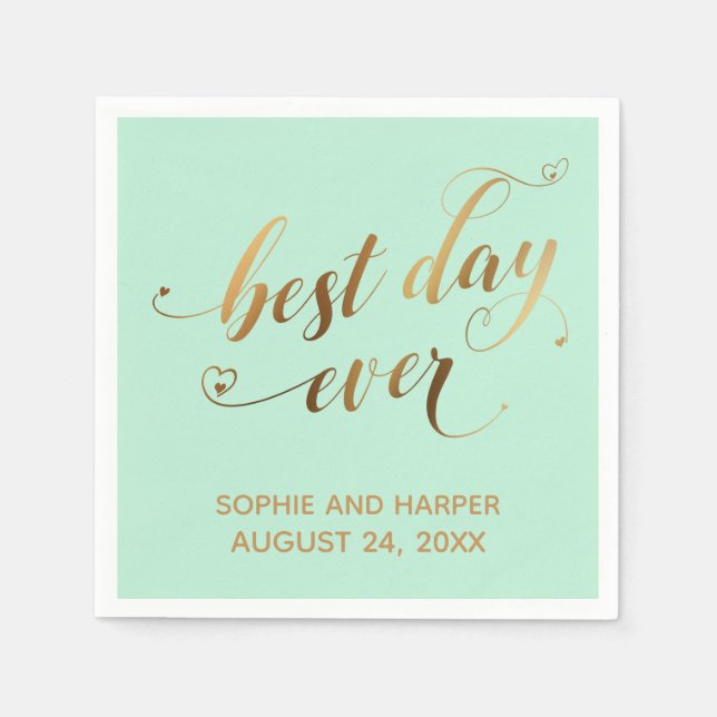 Gold and Mint Green Best Day Ever, Hearts Script Napkin (Front)
