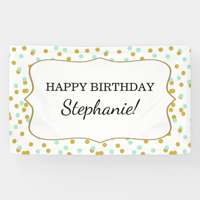 Gold and Mint Green Confetti Birthday Party Banner (Horizontal)