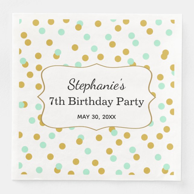 Gold and Mint Green Confetti Birthday Party Napkin (Front)