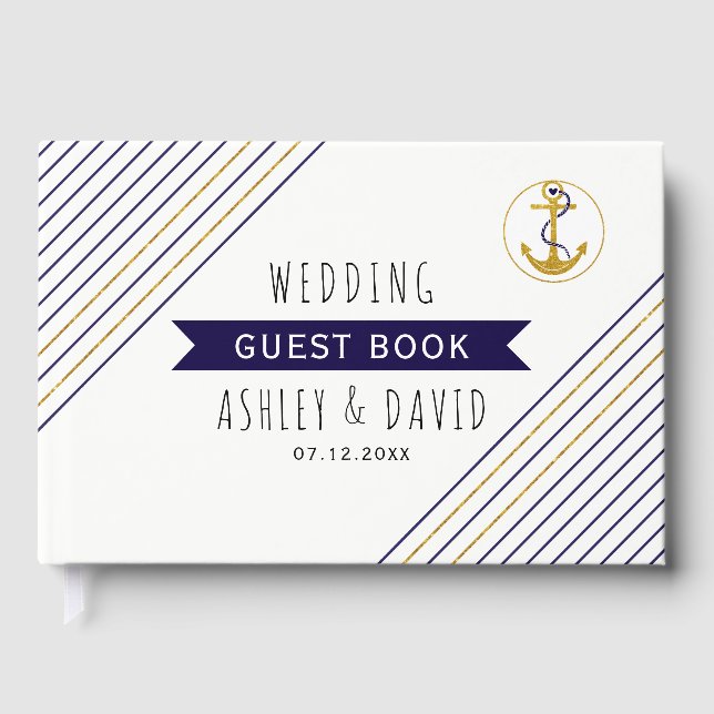 Gold and navy anchor stripes nautical wedding guest book (Front)
