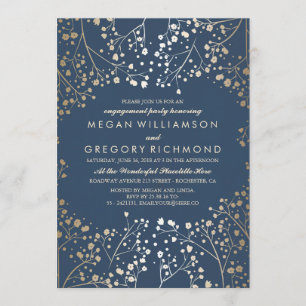 Gold and Navy Baby's Breath Engagement Party Invitation