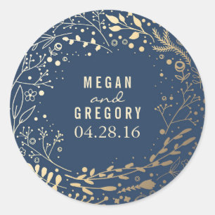 Gold and Navy Baby's Breath Floral Bouquet Classic Round Sticker