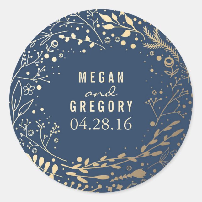 Gold and Navy Baby's Breath Floral Bouquet Classic Round Sticker (Front)