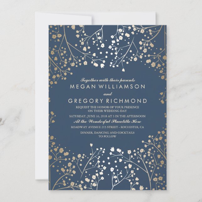 Gold and Navy Baby's Breath Floral Modern Wedding Invitation (Front)