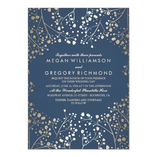 Image of Gold and Navy Baby's Breath Floral Modern Wedding Invitation