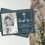 Gold and Navy Blue Baptism Photo Thank You Cards<br><div class="desc">Simple, elegant navy blue christening and baptism photo thank you cards. Send thanks to family and friends with this modern personalised thank you religious flat card. It features hand lettered ”Thank You” script, around double faux gold foil frame on navy background. This modern beautiful photo thank you card will also...</div>