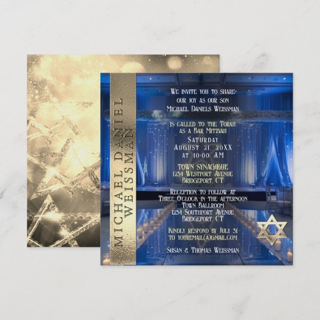Gold and Navy Blue Bar Mitzvah Invitation (Front/Back)