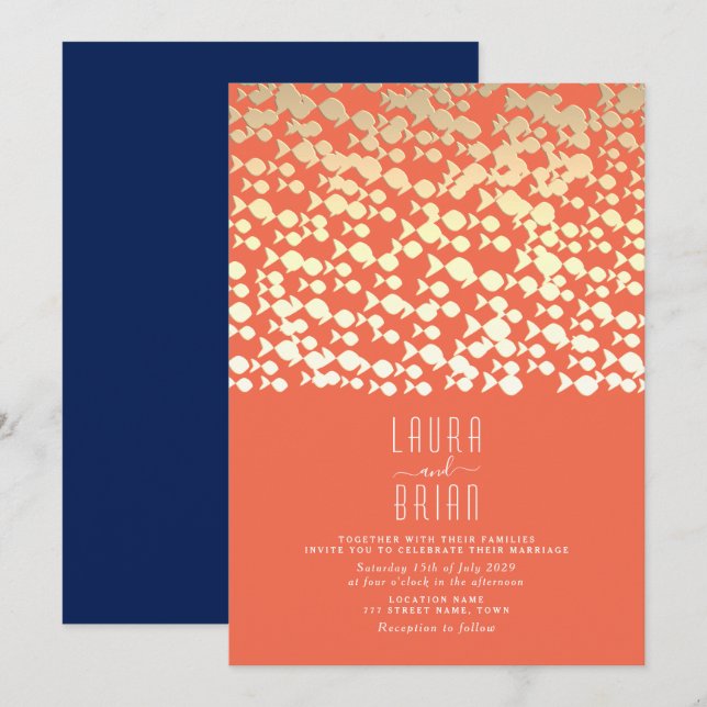 Gold and Navy Blue Beach Wedding Invitation (Front/Back)