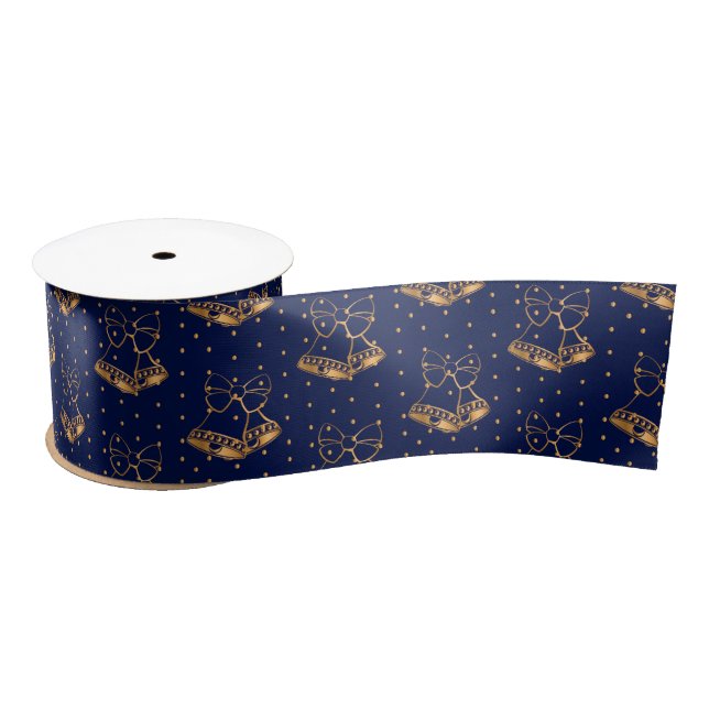 Gold and Navy Blue Christmas Bells Satin Ribbon (Spool)