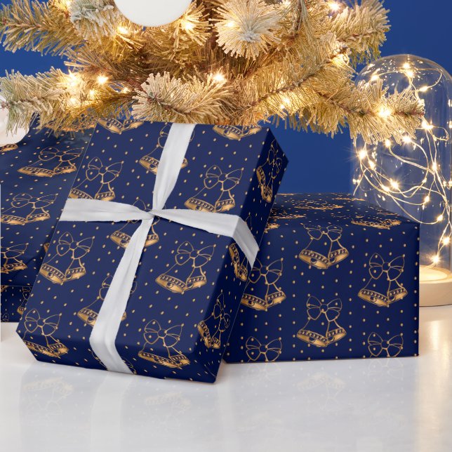 Gold and Navy Blue Christmas Bells Wrapping Paper (Holidays)