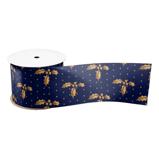 Gold and Navy Blue Christmas Holly Satin Ribbon (Spool)