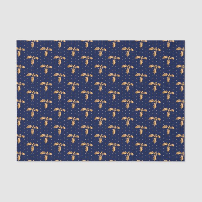 Gold and Navy Blue Christmas Holly Tissue Paper (Front)