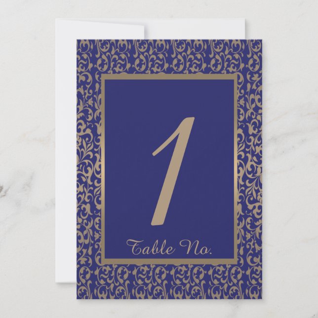 Gold and Navy Blue Filigree Wedding Table Number (Front)