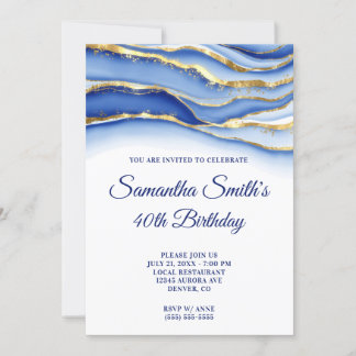Gold and Navy Blue Ink Geode 40th Birthday Invitation