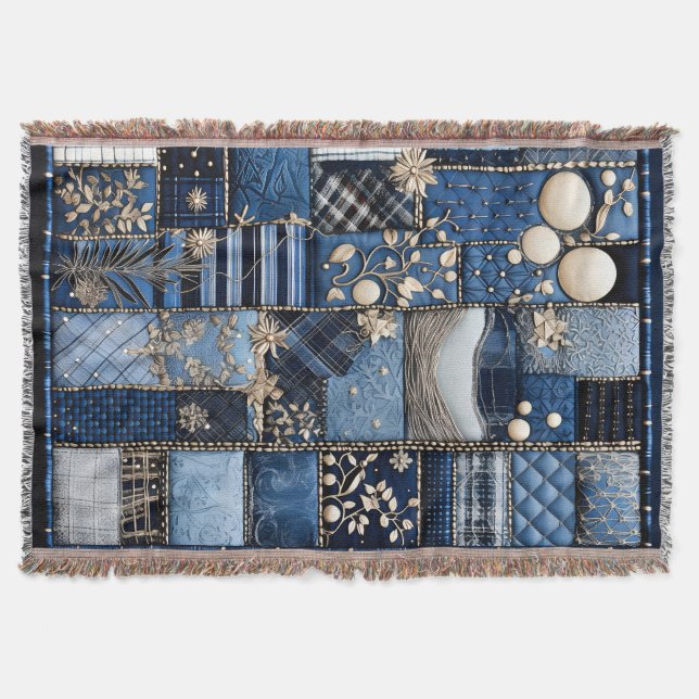 Gold and Navy Blue Light Blue Denim Look Throw Blanket (Front)