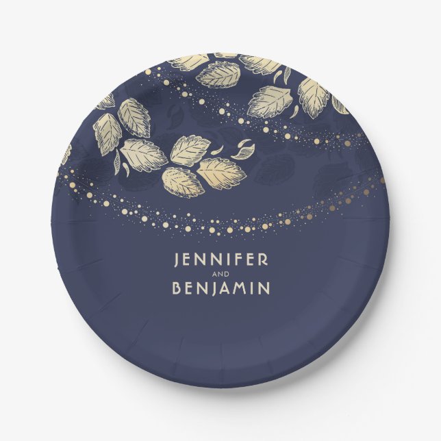 Gold and Navy Blue Nature Inspired Wedding Paper Plate (Front)