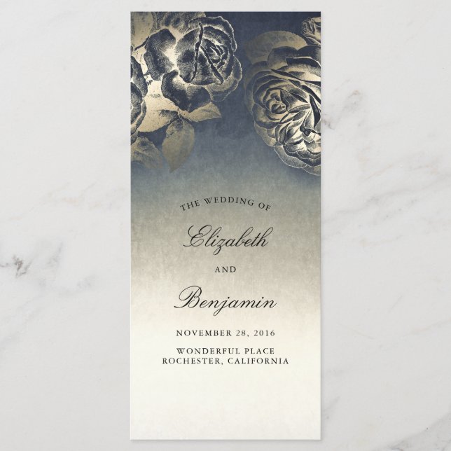 Gold and Navy Blue Vintage Wedding Programs Programme (Front)