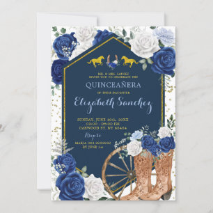 Gold and Navy Blue Western Charra Quinceañera Invitation