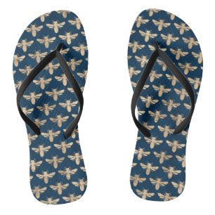 Gold and navy bumble bees summer beach flip flops