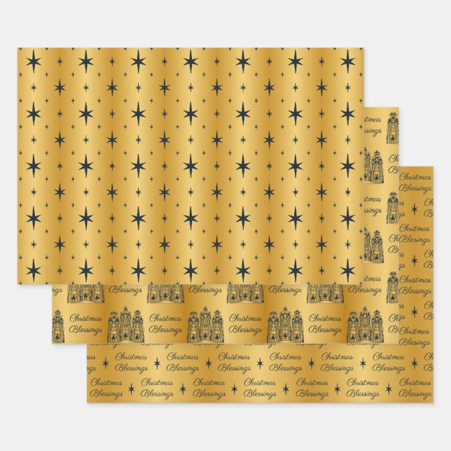 Gold and Navy Christmas Blessings Wise Men Wrapping Paper Sheet (Set)