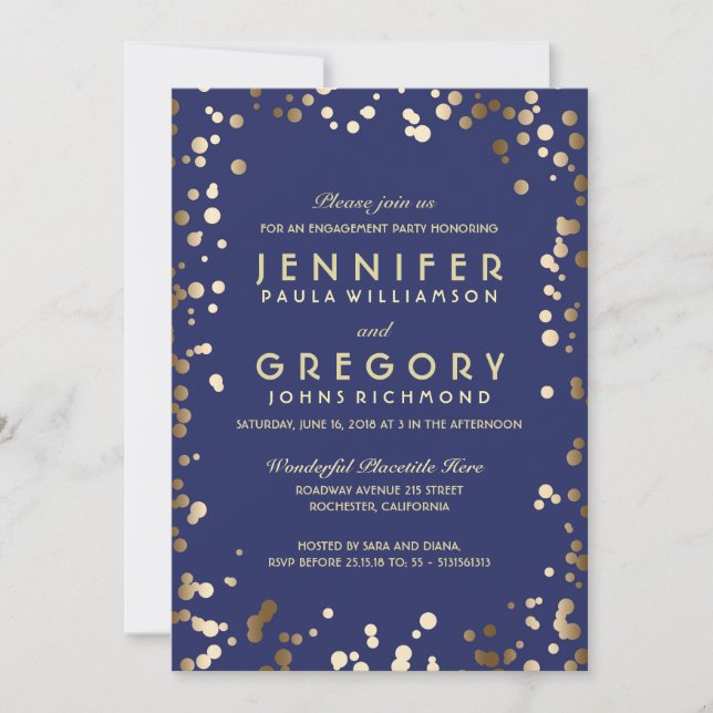 Gold and Navy Confetti Vintage Engagement Party Invitation (Front)