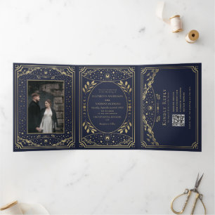 Gold and Navy Elegant Tarot Wedding QR Code Tri-Fold Invitation