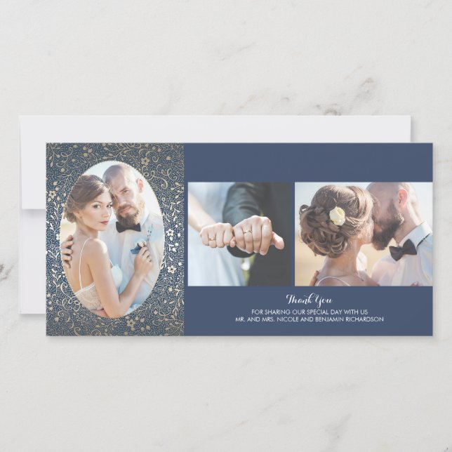 Gold and Navy Floral Photo Wedding Thank You Card (Front)