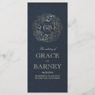Gold and Navy Floral Vintage Wedding Programs Programme