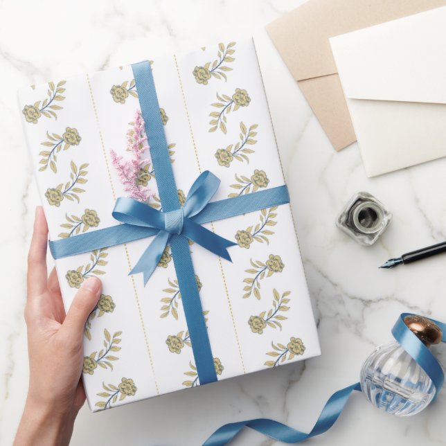 Gold and Navy Florals with Stripes Gift Wrapping Paper (Gifting)