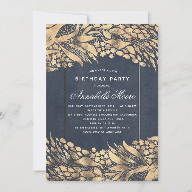 Gold and Navy Foliage Elegant Birthday Party Invitation (Front)