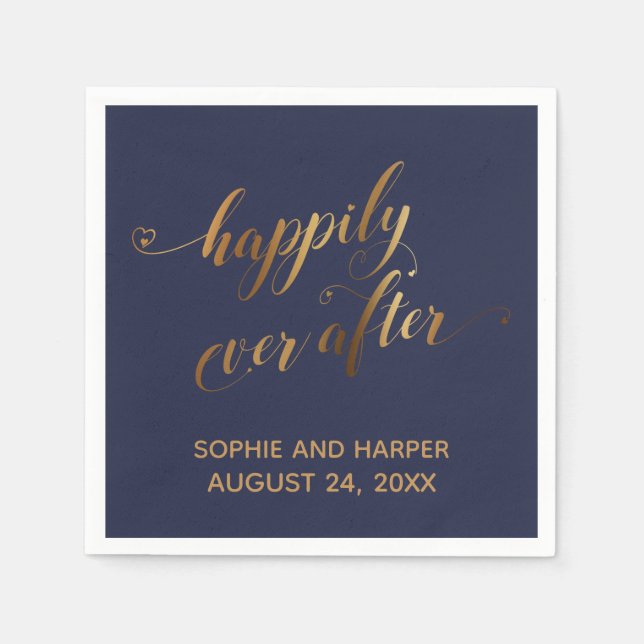 Gold and Navy Happily Ever After Hearts Script Napkin (Front)