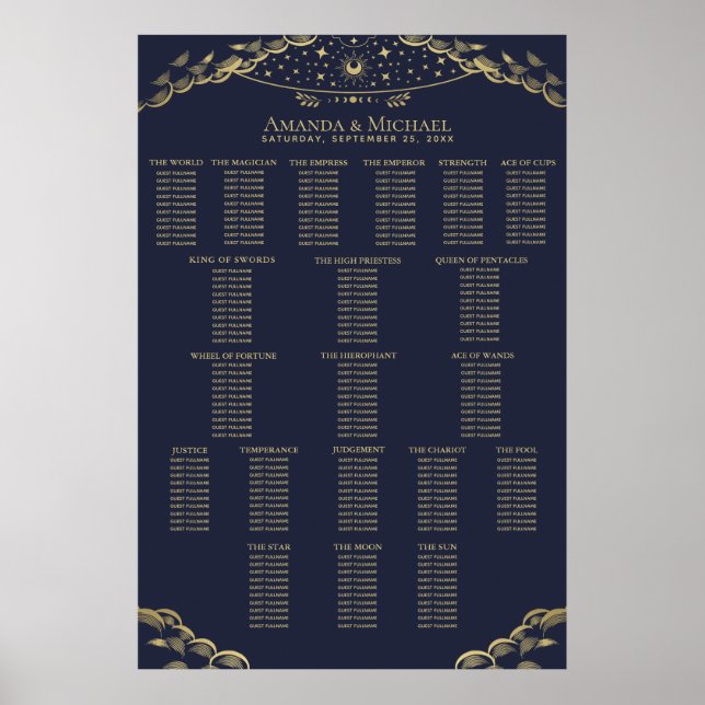 Gold and Navy Mystical Tarot Wedding Seating Chart (Front)