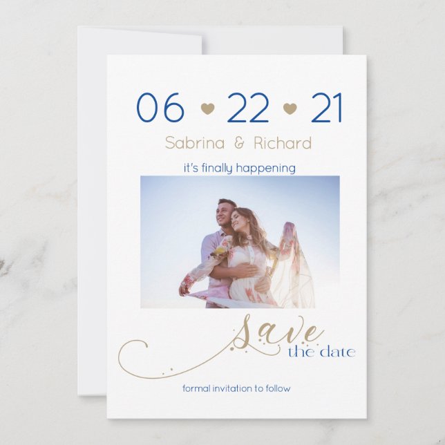 Gold and Navy One Photo Minimalist Save the Date (Front)