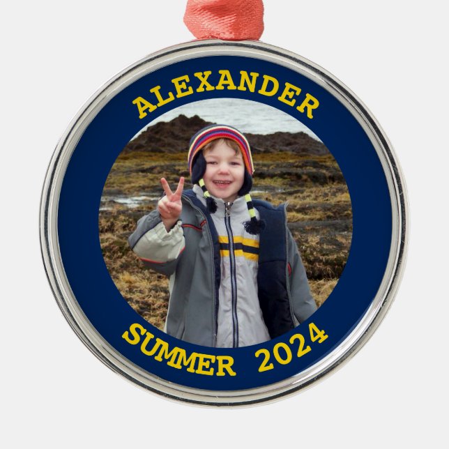 Gold and Navy Personalised Round Family Photo Metal Tree Decoration (Front)