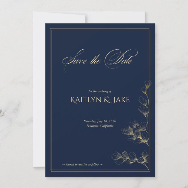 Gold and Navy Save the Date Card (Front)