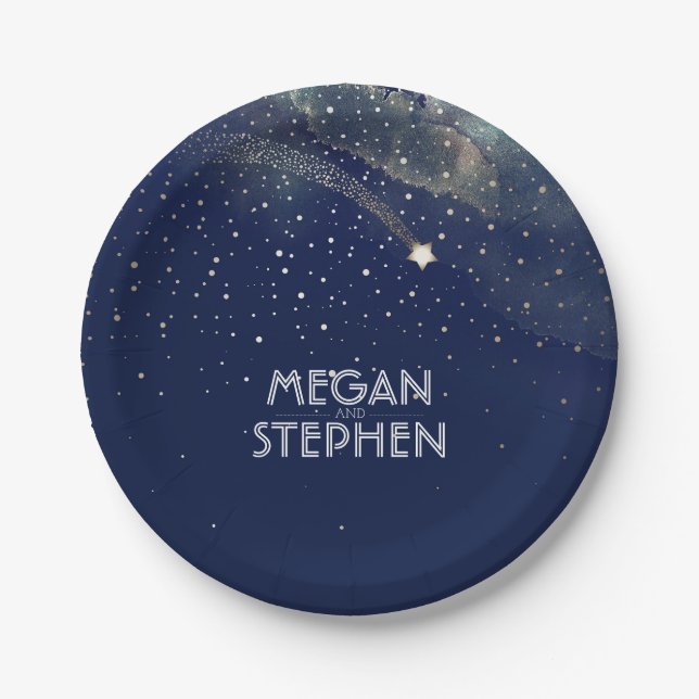 Gold and Navy Shooting Star Night Wedding Paper Plate (Front)