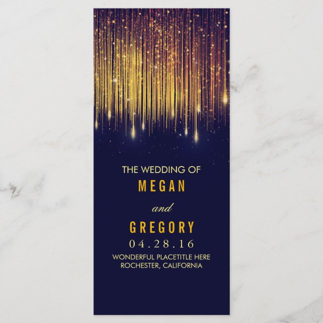 Gold and Navy String Lights Wedding Programs Programme (Front)