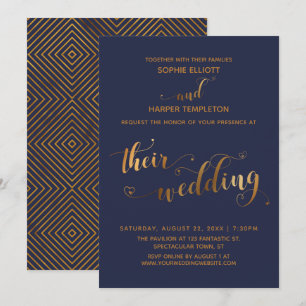 Gold and Navy Their Wedding Typography w/ Hearts Invitation