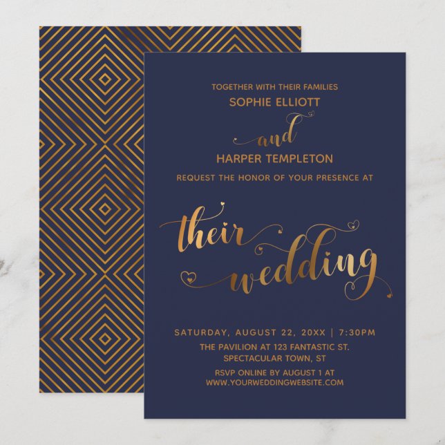 Gold and Navy Their Wedding Typography w/ Hearts Invitation (Front/Back)
