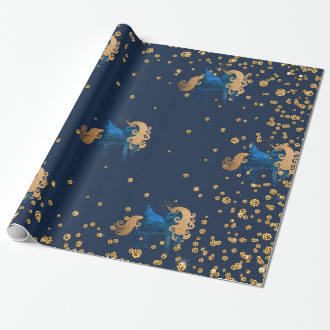 Gold and Navy Unicorn BIRTHDAY WEDDING WRAP Wrapping Paper (Unrolled)